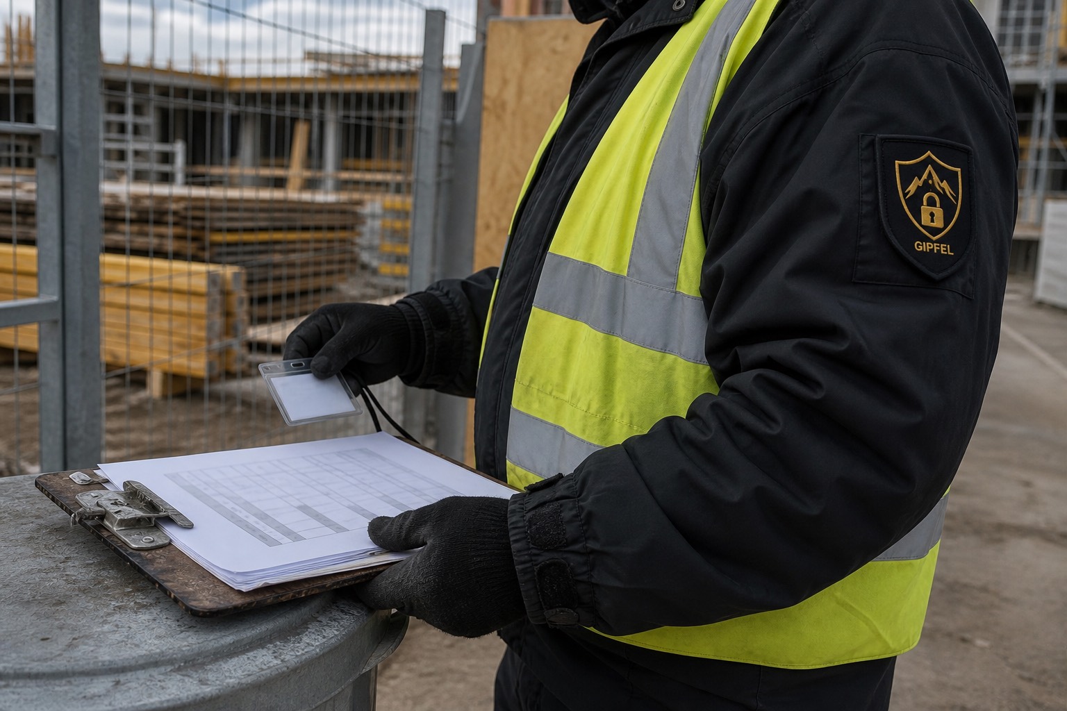 KI-Visualisierung einer Zutrittsprüfung auf einer Baustelle bei Tag; Gesicht und Daten sind nicht sichtbar